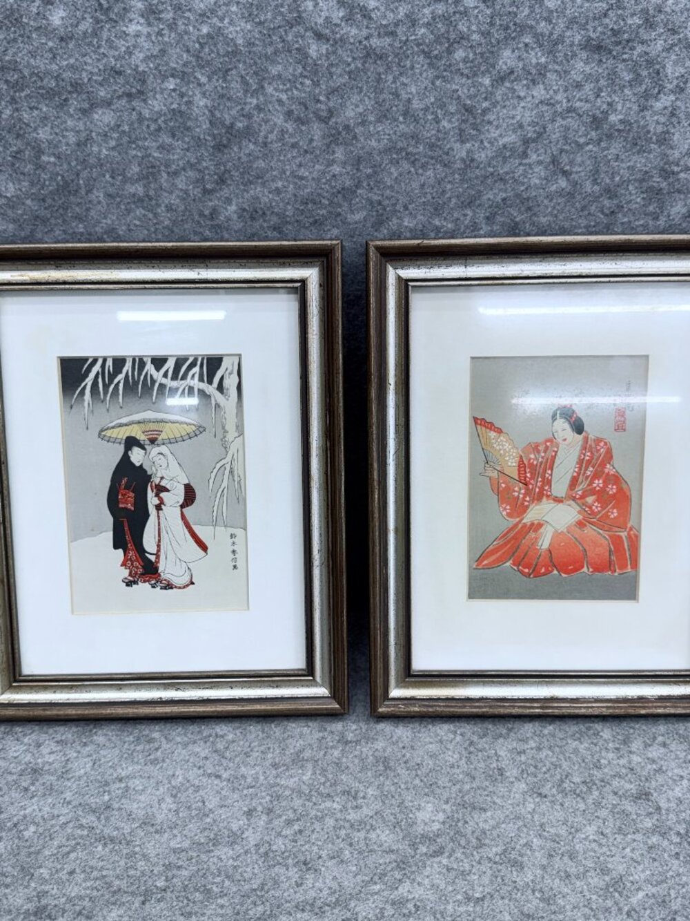 Pair of Vintage Framed Japanese Woodblock Prints - Suzuki Harunobu Style Ukiyo-e
